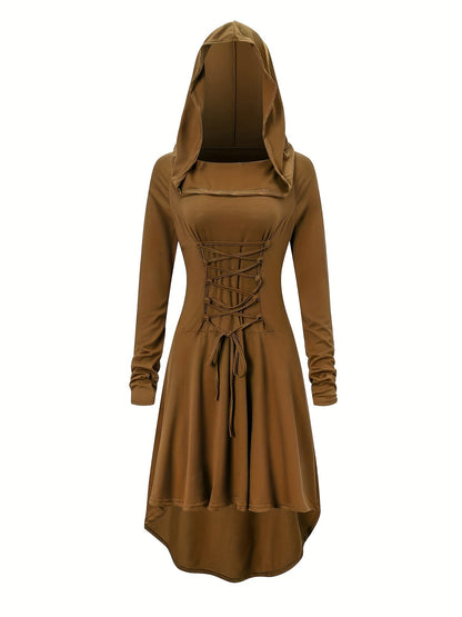 Women’s Medieval Lace Up Halloween Movie Costume Dress | Hooded Long Sleeve 1