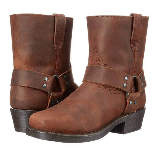 Women's Mid-Cut Black Leather Biker Boots with Harness Detail – Durable and Stylish 2