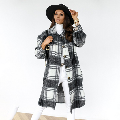 Women's Oversized Checkered Wool Blend Coat – Warm Winter Coat with Flap Pockets and Button Closure 0