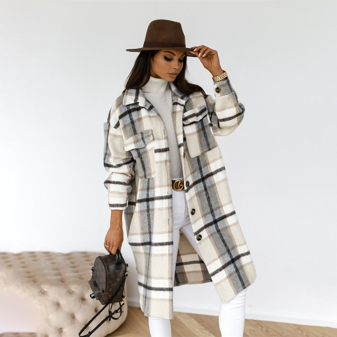 Women's Oversized Checkered Wool Blend Coat – Warm Winter Coat with Flap Pockets and Button Closure 1