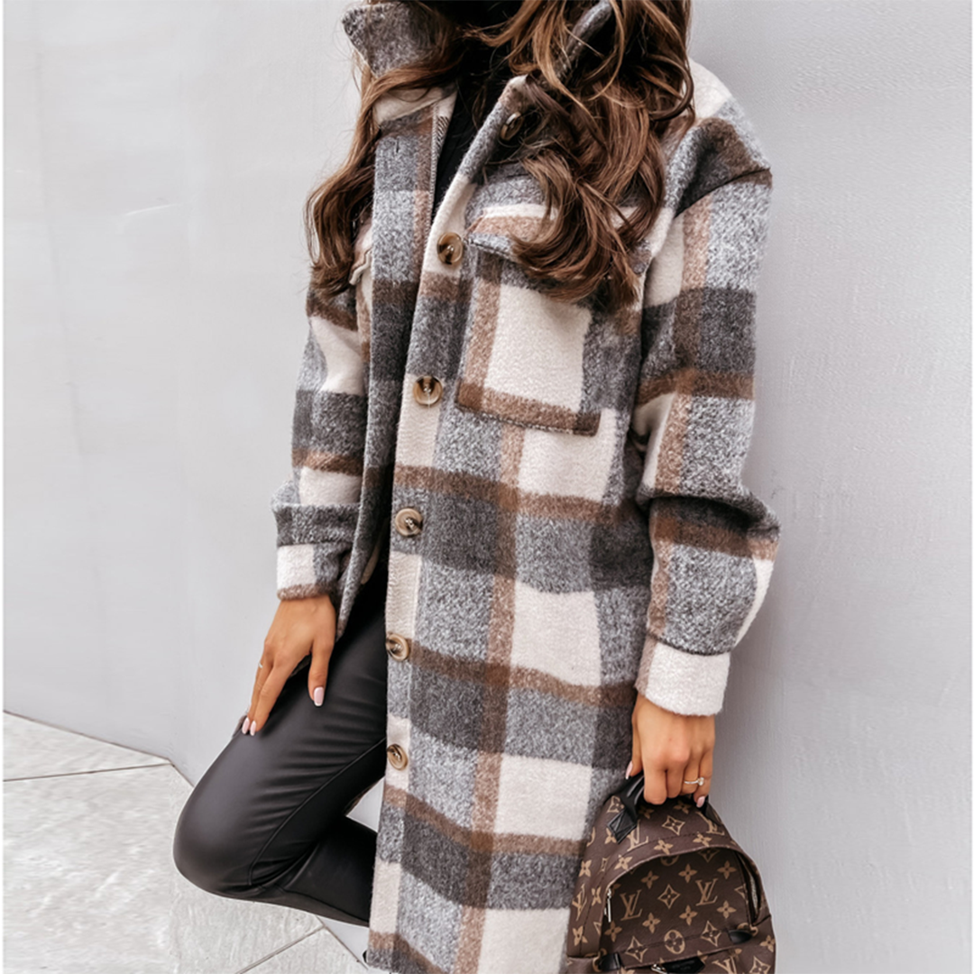 Women's Oversized Checkered Wool Blend Coat – Warm Winter Coat with Flap Pockets and Button Closure 2