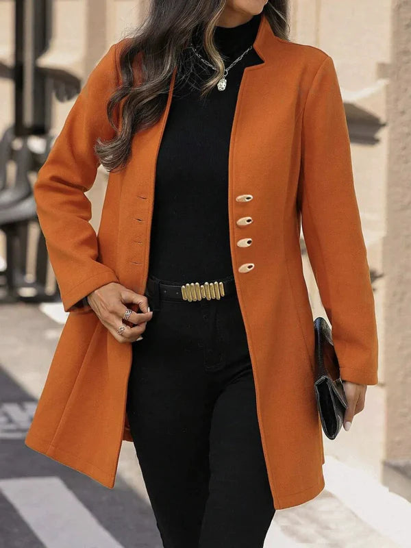 Women's Slim Fit Mid-Length Wool Coat with Classic Lapel and Button Closure - Winter Essential 0