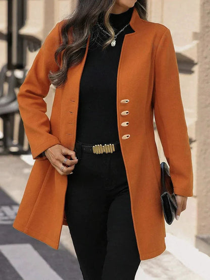 Women's Slim Fit Mid-Length Wool Coat with Classic Lapel and Button Closure - Winter Essential 0