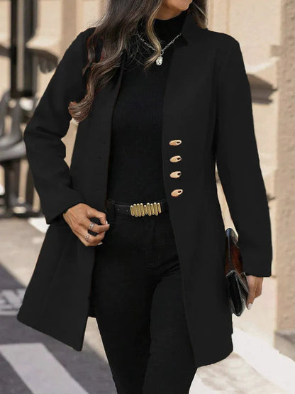 Women's Slim Fit Mid-Length Wool Coat with Classic Lapel and Button Closure - Winter Essential 2
