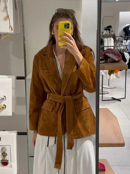 Women's Suede Belted Coat with Pockets – Long Sleeve Lapel Jacket for Autumn Style 0