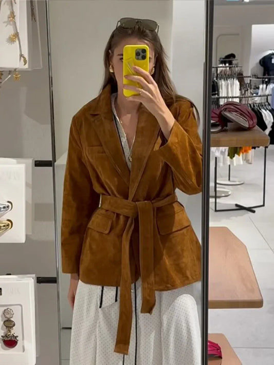 Women's Suede Belted Coat with Pockets – Long Sleeve Lapel Jacket for Autumn Style 0