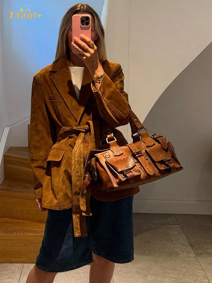 Women's Suede Belted Coat with Pockets – Long Sleeve Lapel Jacket for Autumn Style 1