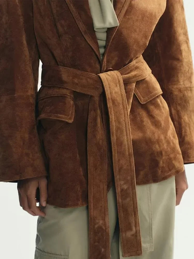Women's Suede Belted Coat with Pockets – Long Sleeve Lapel Jacket for Autumn Style 4