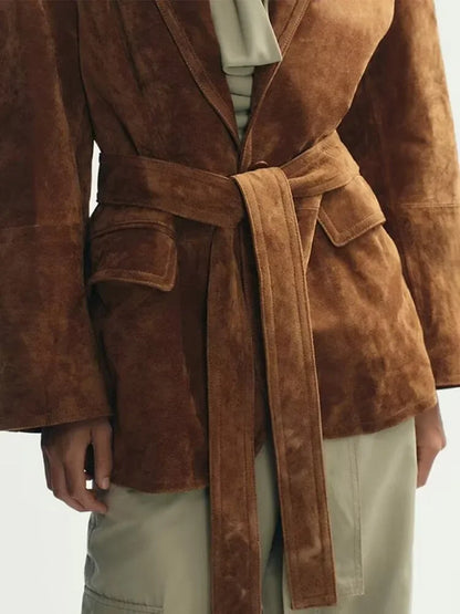 Women's Suede Belted Coat with Pockets – Long Sleeve Lapel Jacket for Autumn Style 4