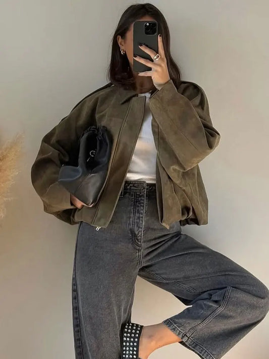 Women's Suede Bomber Jacket in Brown and Green – Casual Vintage Motorcycle Coat with Zipper Closure 0