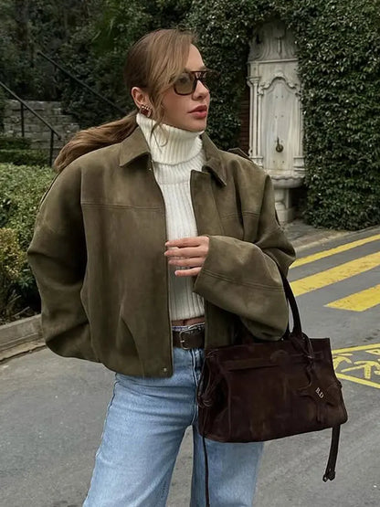 Women's Suede Bomber Jacket in Brown and Green – Casual Vintage Motorcycle Coat with Zipper Closure 2