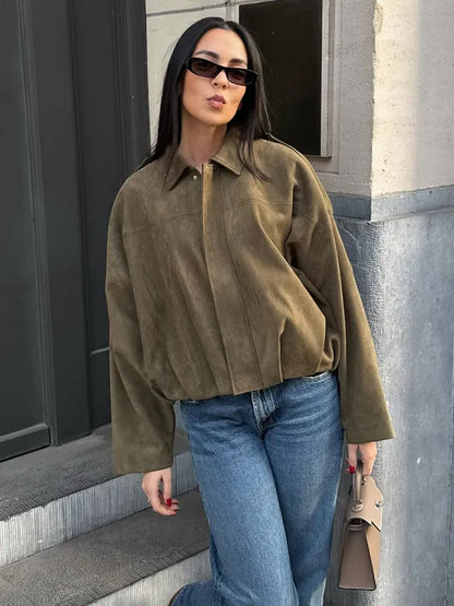 Women's Suede Bomber Jacket in Brown and Green – Casual Vintage Motorcycle Coat with Zipper Closure 3