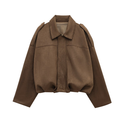Women's Suede Bomber Jacket in Brown and Green – Casual Vintage Motorcycle Coat with Zipper Closure 7