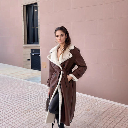 Women's Tailored Long Leather Coat with Plush Lining and Wide Lapels – Winter Coat for Formal and Casual Wear 1
