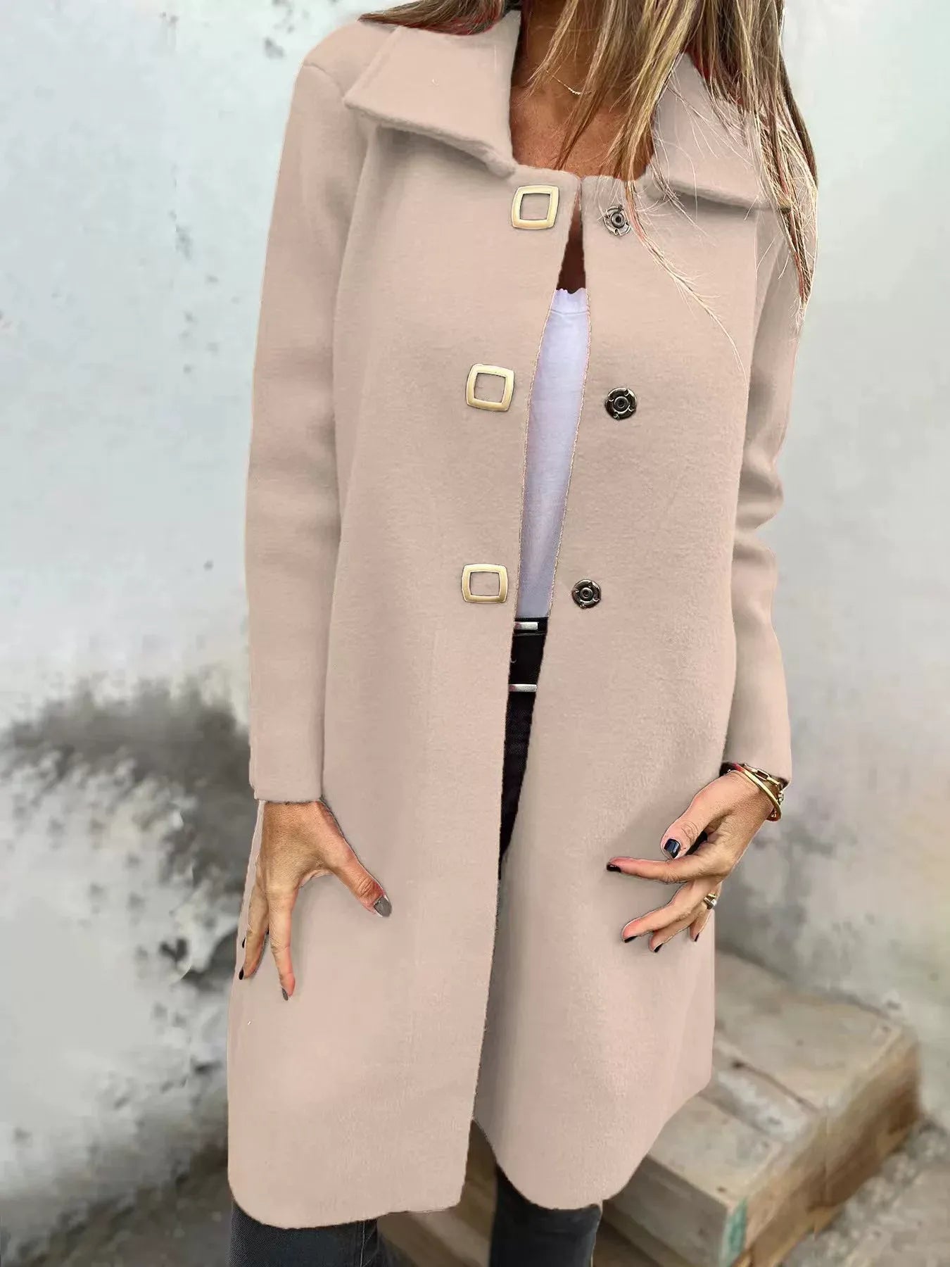 Women's Tailored Wool Coat – Mid-Length Single-Breasted Winter Coat with Wide Lapel 0