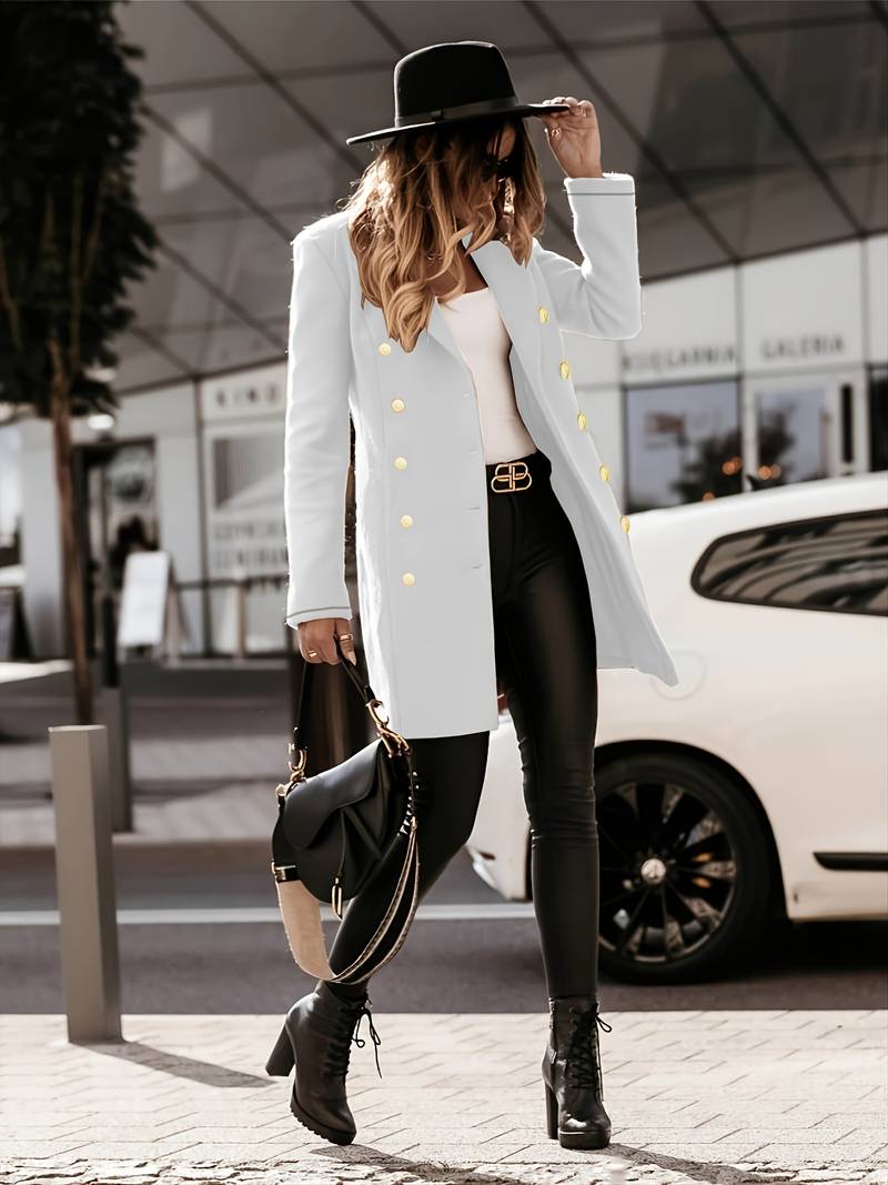Women's Tailored Wool Coat with Gold Buttons – Double-Breasted Mid-Thigh Length 1