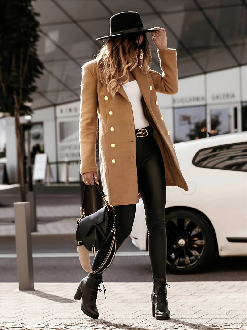 Women's Tailored Wool Coat with Gold Buttons – Double-Breasted Mid-Thigh Length 12