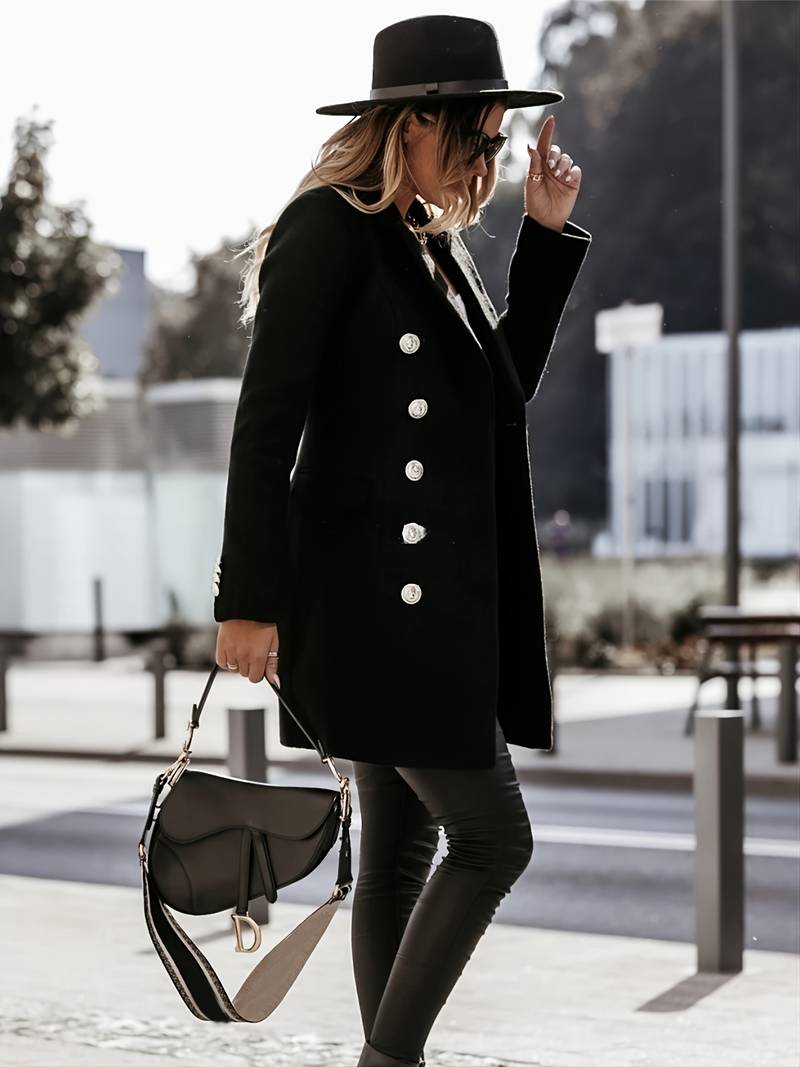 Women's Tailored Wool Coat with Gold Buttons – Double-Breasted Mid-Thigh Length 6