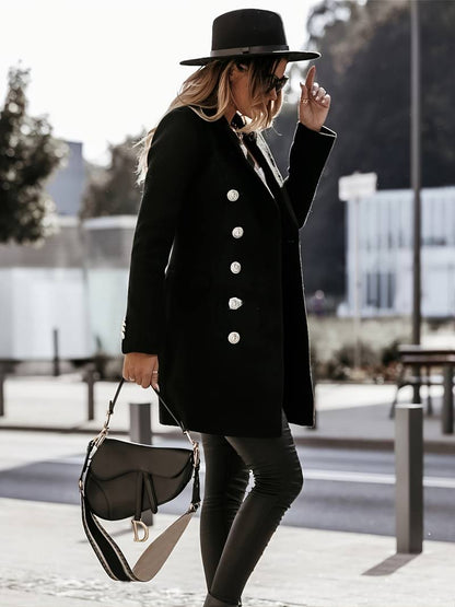 Women's Tailored Wool Coat with Gold Buttons – Double-Breasted Mid-Thigh Length 6