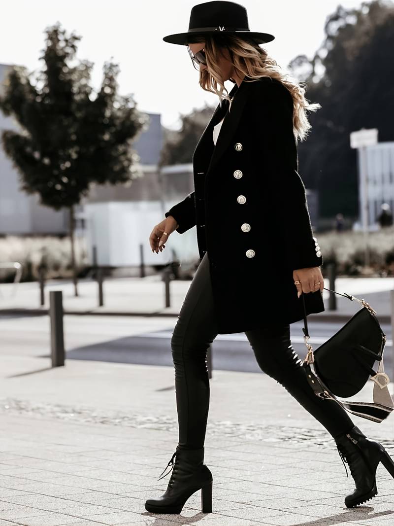 Women's Tailored Wool Coat with Gold Buttons – Double-Breasted Mid-Thigh Length 7