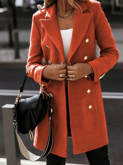 Women's Tailored Wool Coat with Gold Buttons – Double-Breasted Mid-Thigh Length 8