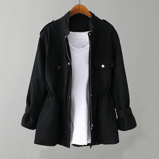 Women's Trench Coat with Flap Pockets and Zip Placket – Slim Fit Spring/Fall Outerwear 0