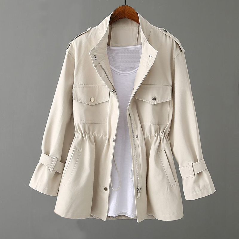 Women's Trench Coat with Flap Pockets and Zip Placket – Slim Fit Spring/Fall Outerwear 1