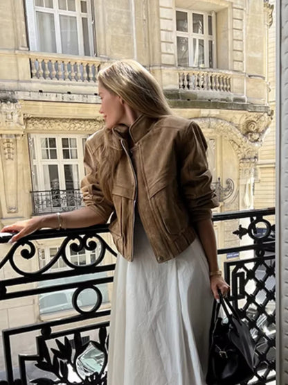 Women's Vintage Suede Short Jacket with Zipper Pockets – Casual Loose Fit for Spring and Autumn 2