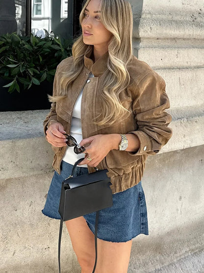 Women's Vintage Suede Short Jacket with Zipper Pockets – Casual Loose Fit for Spring and Autumn 4