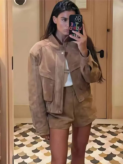 Women's Vintage Suede Short Jacket with Zipper Pockets – Casual Loose Fit for Spring and Autumn 5