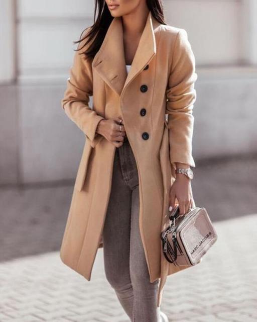 Women's Wool Blend Long Coat - Double-Breasted Belted Winter Coat for Elegant Style 0