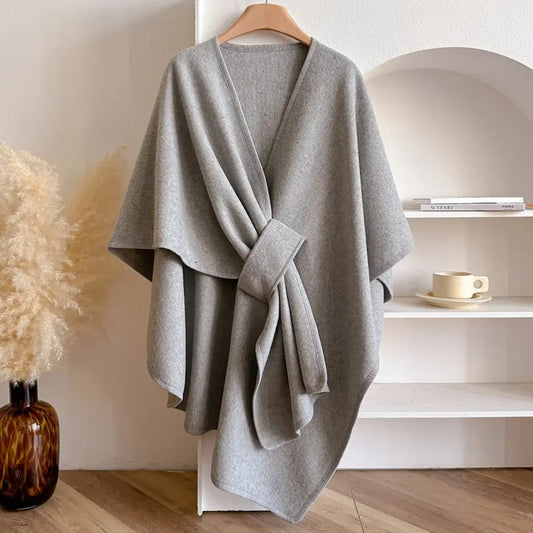 Women's Woolen Poncho Shawl Coat with Waist Tie - Knee Length Draped Cape for Stylish Warmth 0