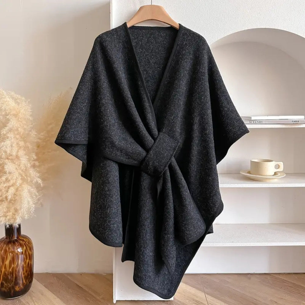 Women's Woolen Poncho Shawl Coat with Waist Tie - Knee Length Draped Cape for Stylish Warmth 1