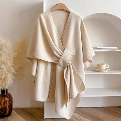 Women's Woolen Poncho Shawl Coat with Waist Tie - Knee Length Draped Cape for Stylish Warmth 2