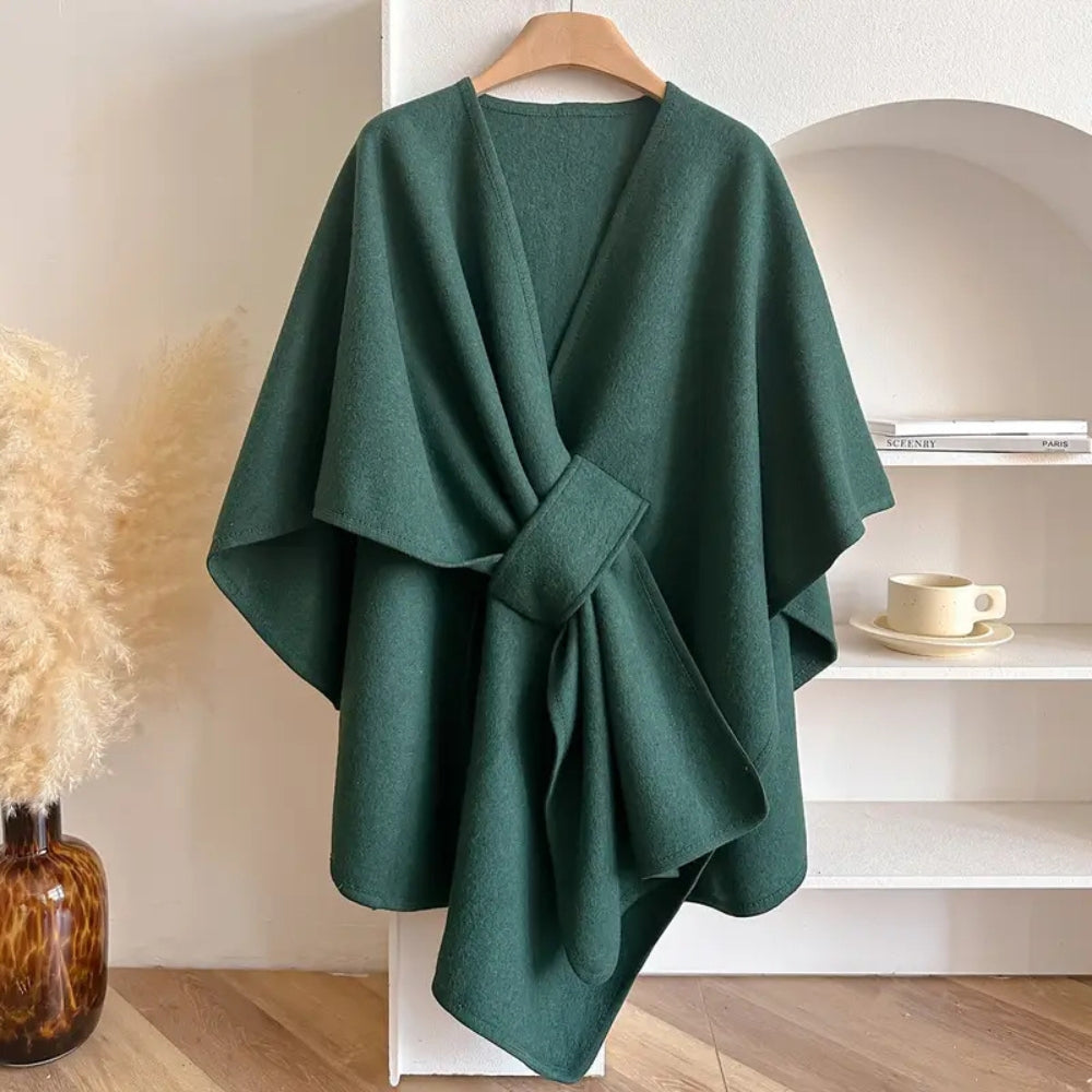 Women's Woolen Poncho Shawl Coat with Waist Tie - Knee Length Draped Cape for Stylish Warmth 3
