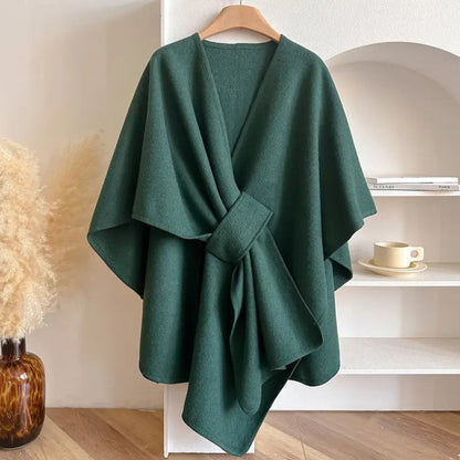 Women's Woolen Poncho Shawl Coat with Waist Tie - Knee Length Draped Cape for Stylish Warmth 3
