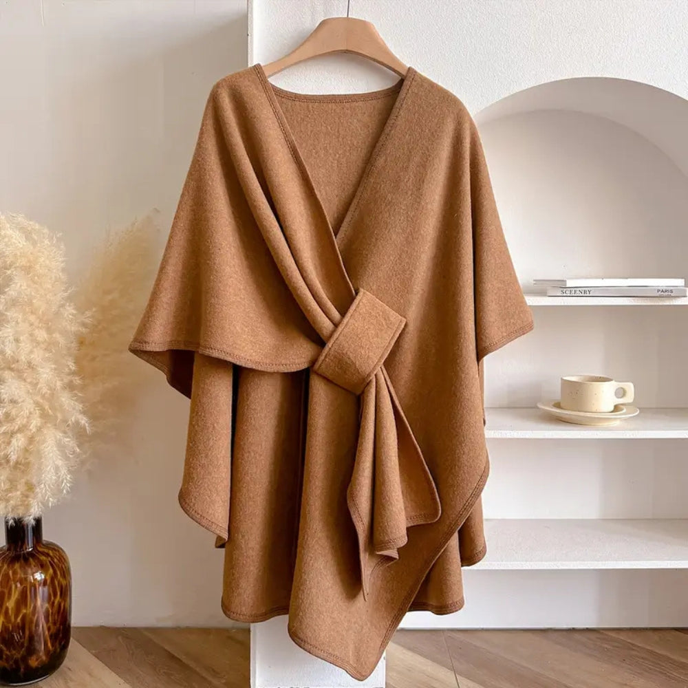 Women's Woolen Poncho Shawl Coat with Waist Tie - Knee Length Draped Cape for Stylish Warmth 4