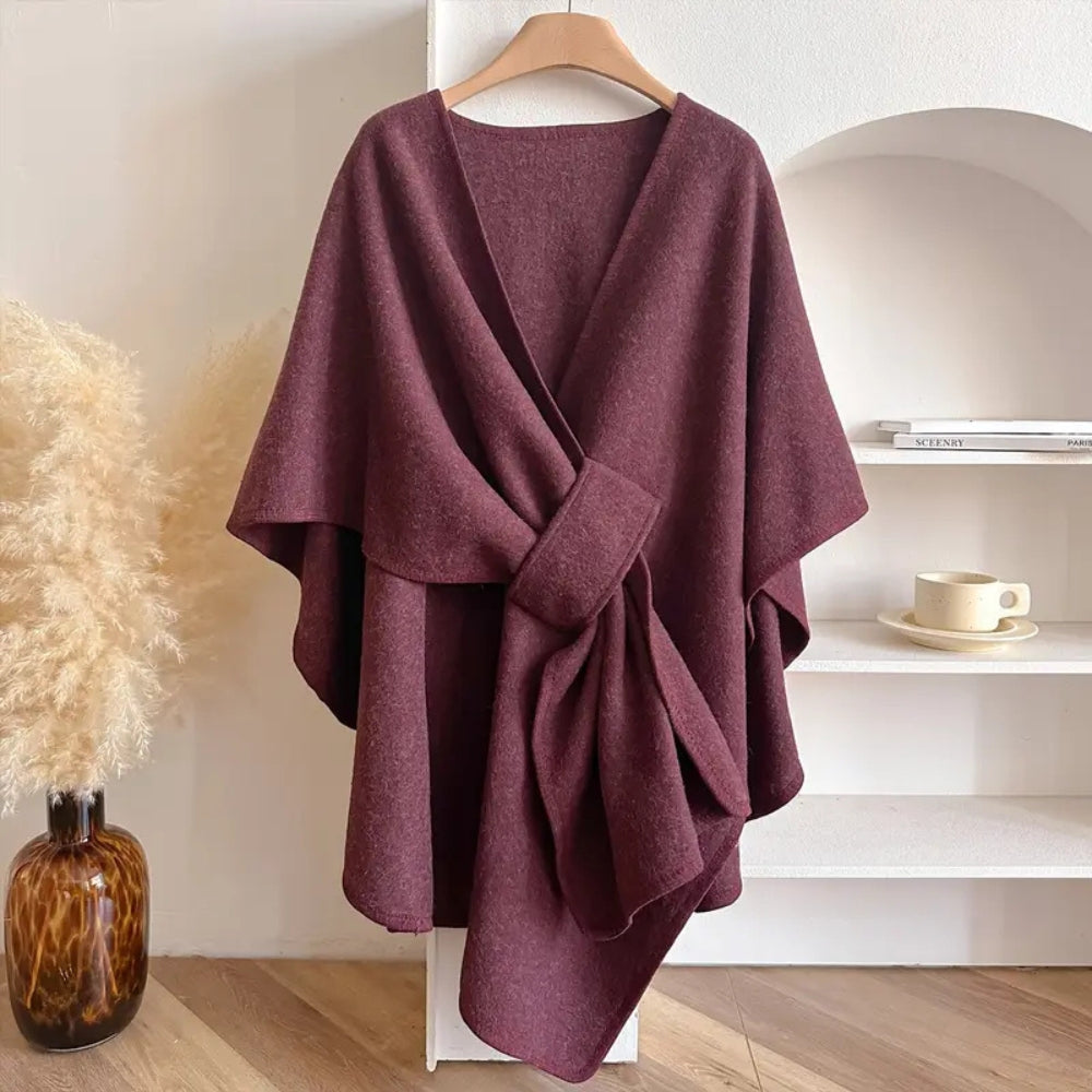 Women's Woolen Poncho Shawl Coat with Waist Tie - Knee Length Draped Cape for Stylish Warmth 5