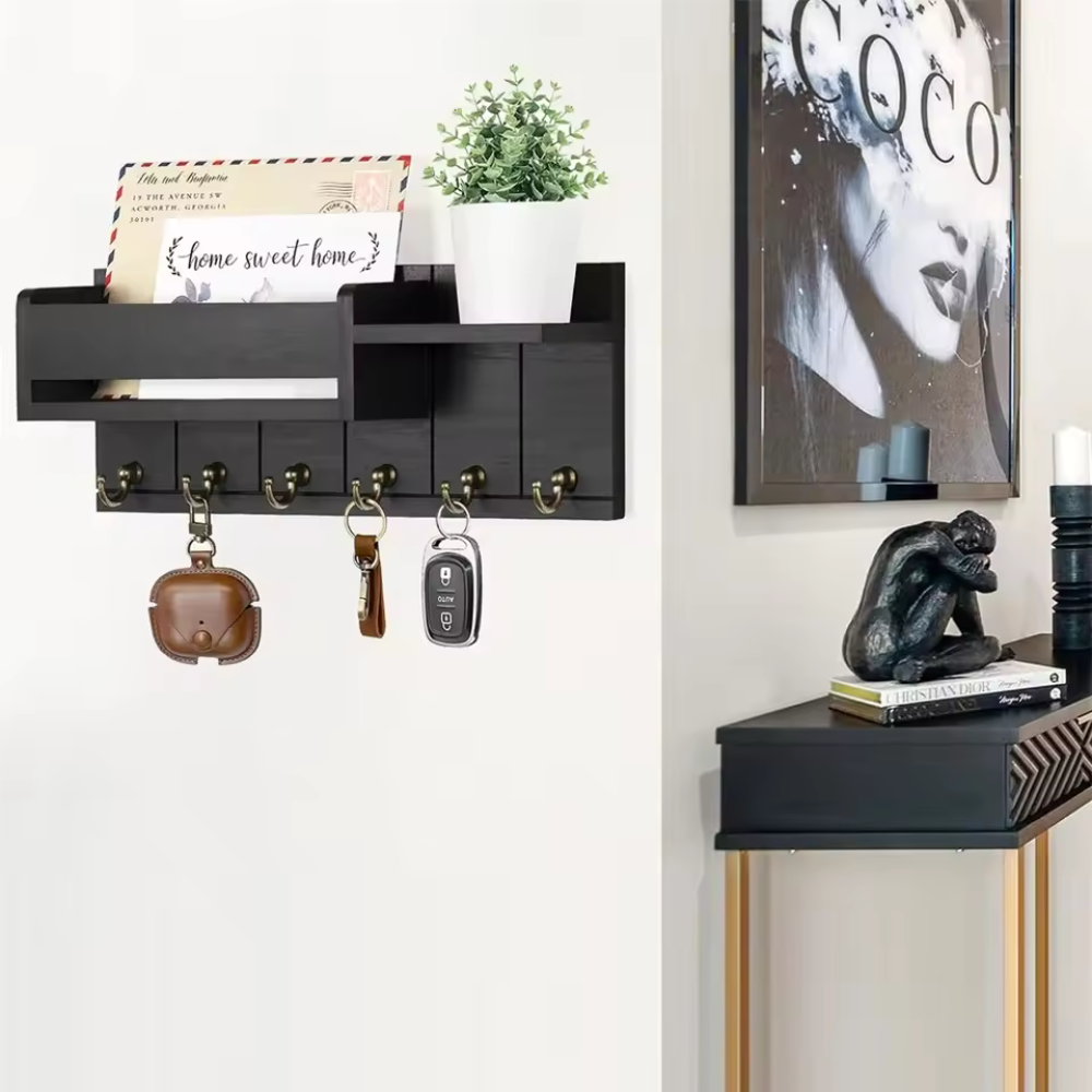 WoodCraft | Stylish Solid Wood Wall Organizer with Hooks and Shelves 1