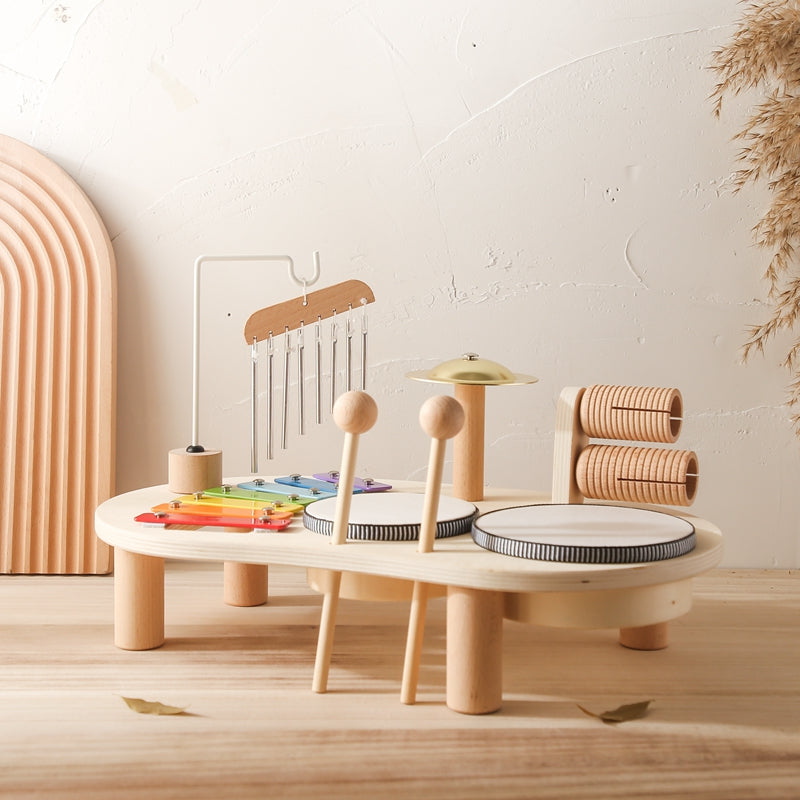 Wooden Music Table for Kids - Educational Musical Instrument with Drums, Xylophone, and Rattles 0