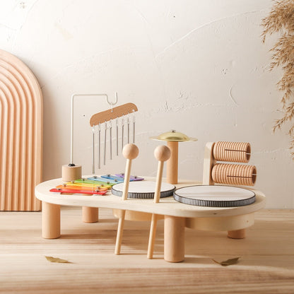 Wooden Music Table for Kids - Educational Musical Instrument with Drums, Xylophone, and Rattles 0