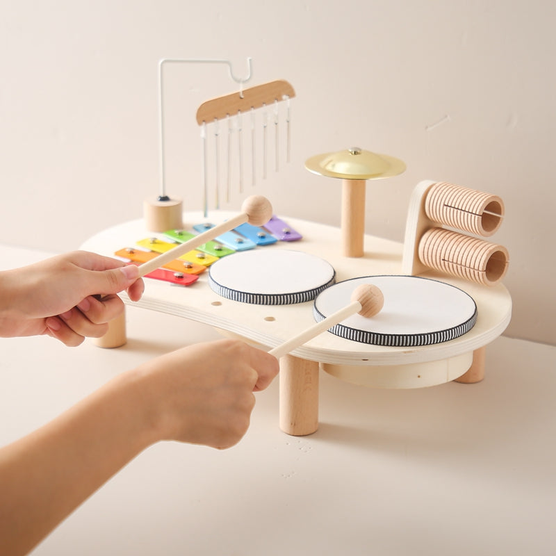 Wooden Music Table for Kids - Educational Musical Instrument with Drums, Xylophone, and Rattles 7