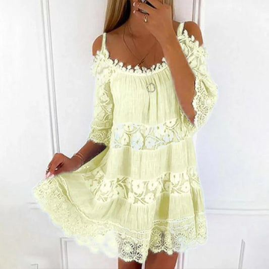 Mila Women's Summer Dress - Crocheted Lace Cold Shoulder Mini Dress-1