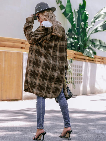Cappotto lungo da donna in misto lana a quadri con colletto a rever - Cappotto invernale a vestibilità ampia per abbigliamento casual e da lavoro